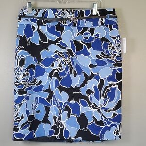 NWT Liz Claiborne Blue & Black Floral Skirt,  Knee-Length W/ Belt. Size 16